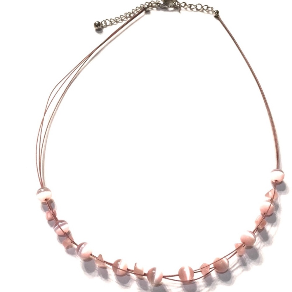 ๐ SALE $13 ๐ Vintage Glass Pink Tiger Eye Beads On Triple Metal Chain Necklace